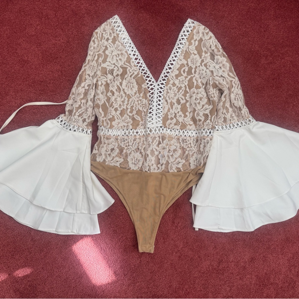 Boho Lace Nude and White Bell Sleeve Bodysuit